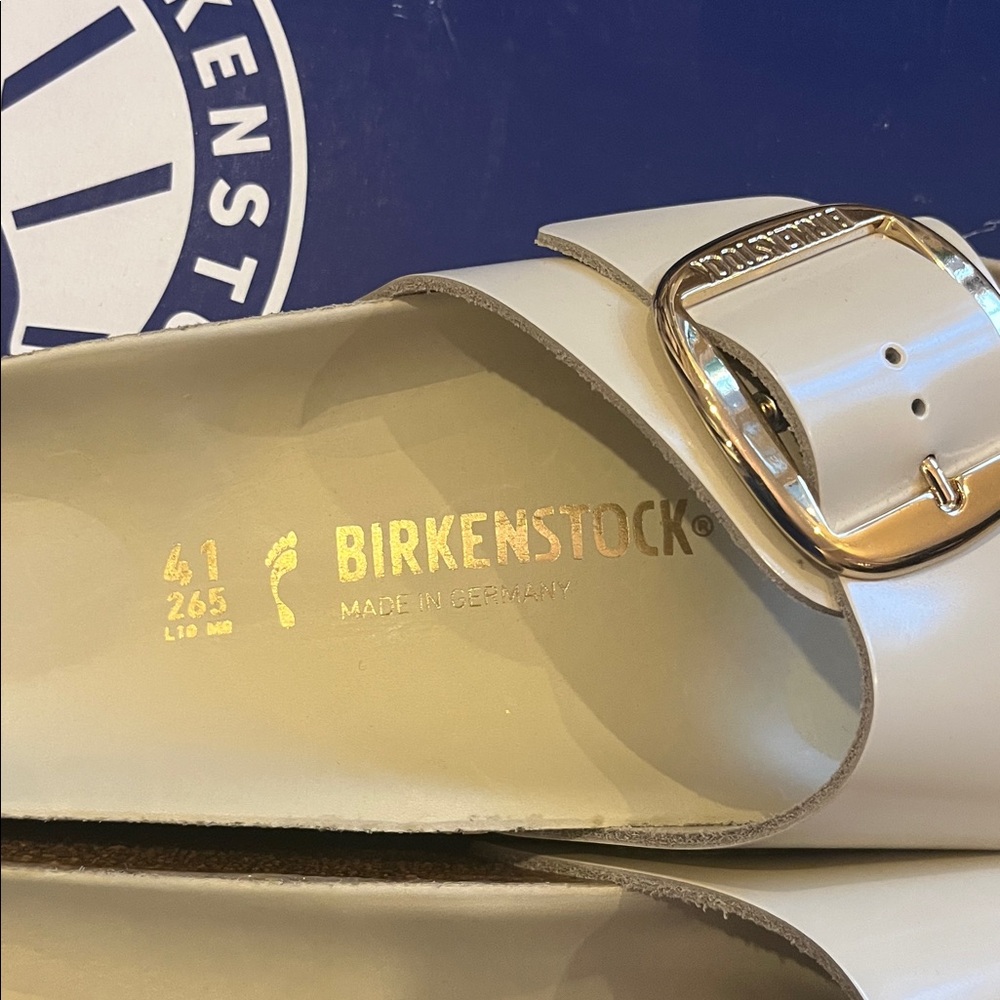 Birkenstock Cream Slide Sandals with Gold Buckle - Picture 9 of 9